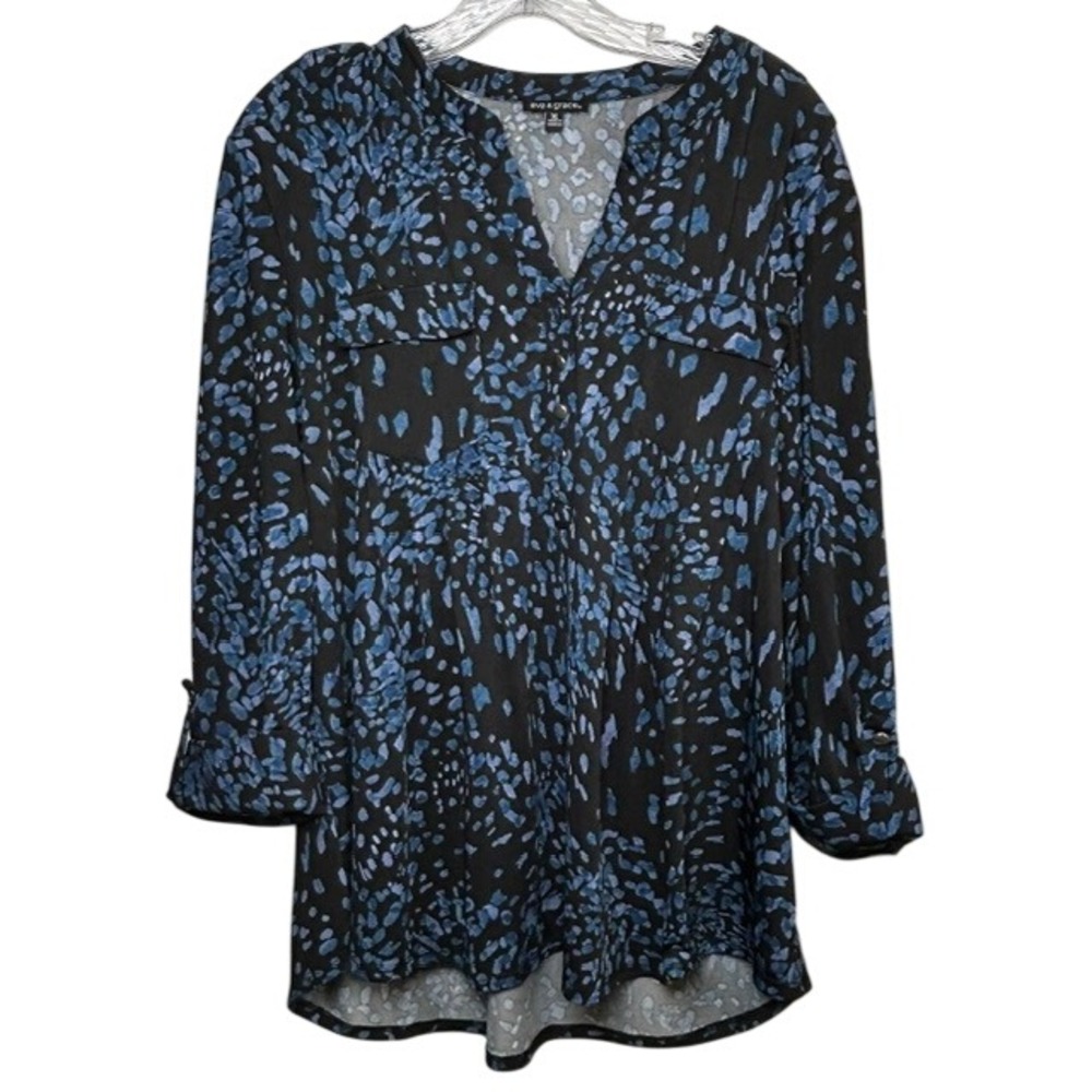 Ava & Grace Women's Black & Blue V-Neck Tunic Dressy 3/4 Sleeve Blouse XL